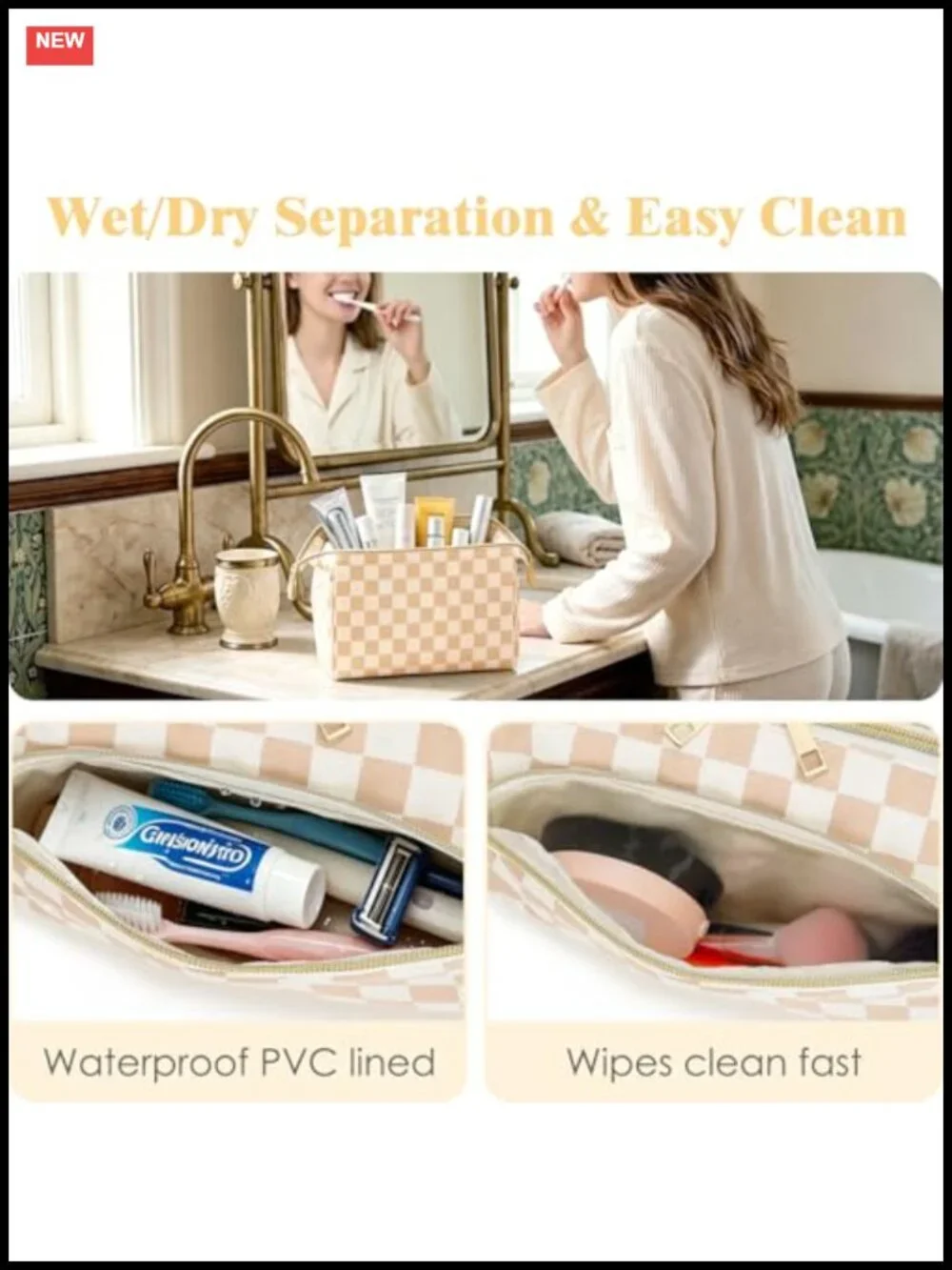 Waterproof Checkered Travel Makeup Bag for Women, Wide-open Cosmetic Organizer